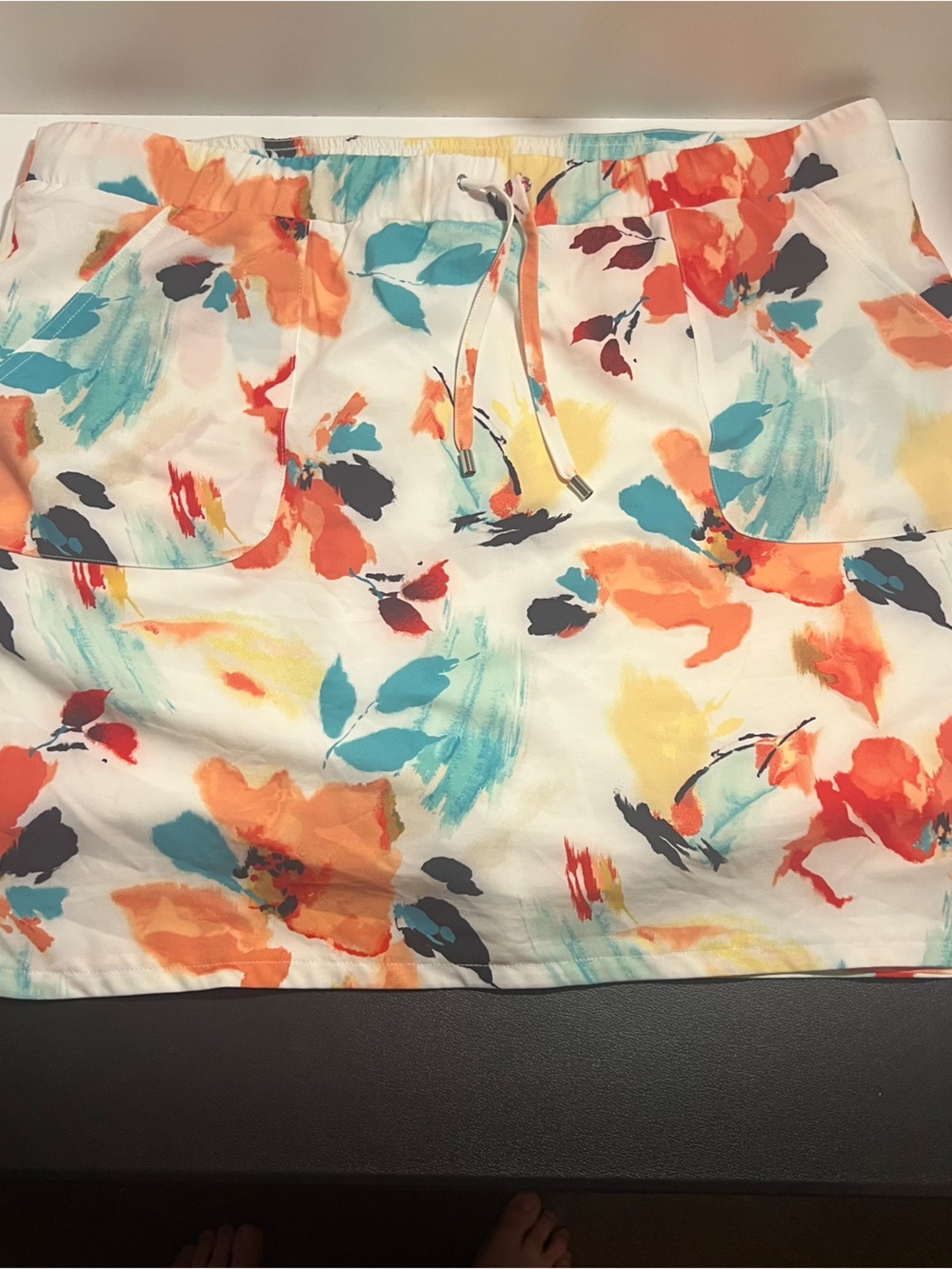 Chico's White Floral Drawstring Shorts with Orange, Teal & Yellow